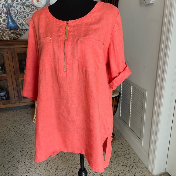 ELLEN TRACY Linen Peach Coral Woven Pullover Shirt! Gold zipper! LARGE Like New. - Picture 7 of 14